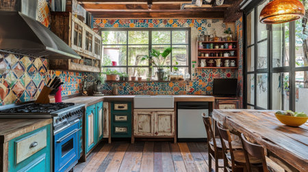 This charming kitchen features rustic wooden floors, vibrant tiled walls, and a spacious layout perfect for cooking and socializing. Natural light enhances the inviting ambiance throughout.の素材