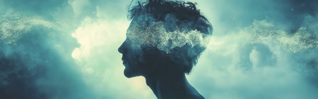 A man's profile emerges against a cosmic backdrop, filled with starry patterns and ethereal clouds. The visual symbolizes the deep connection between consciousness and the universe.の素材