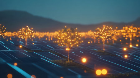 Solar farms create a stunning visual display as glowing lights outline panels and trees, enhancing the rural landscape during twilight hours, showcasing renewable energy innovation.の素材
