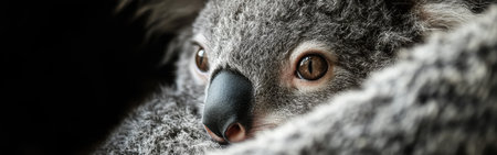 This captivating close-up captures the innocent expression of a koala joey nestled in its mother's embrace, showing its delicate features and inquisitive gaze in a serene environment.の素材