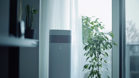 Brightly lit corner of a minimalist smart home featuring an integrated air system next to a green plant, offering a refreshing atmosphere and contemporary design.の素材