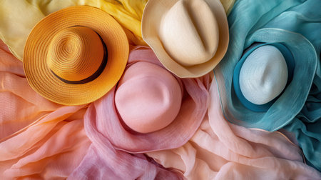 Colorful spring scarves are gracefully laid out with matching hats in soft hues. The blend vibrant promotes a cheerful atmosphere typical of a sunny day.の素材