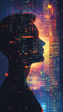 A tranquil profile of a man is highlighted against a backdrop of vibrant city lights during dusk. The glowing skyscrapers offer a contrasting, modern atmosphere.の素材