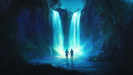 A couple stands hand in hand in a tranquil forest, illuminated by the enchanting glow of cascading waterfalls. The atmosphere feels dreamlike and peaceful, surrounded by nature.の素材