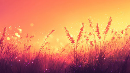 A tranquil meadow at golden hour showcases tall grasses illuminated by soft light, creating a peaceful atmosphere. The landscape invites relaxation and contemplation.の素材