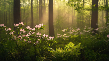 Sunlight gently filters through tall trees, illuminating a tranquil forest filled with blooming flowers and lush ferns during springtime. Nature thrives in this serene setting.の素材