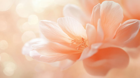 Delicate peach flower blooms softly against a pastel bokeh background. This tranquil moment captures the essence of spring in a peaceful garden environment.の素材