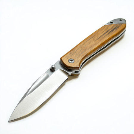This stainless steel pocket knife features a sleek design and a wooden handle, making it ideal for outdoor adventures and daily tasks. Perfect for camping, fishing, and everyday carry.の素材
