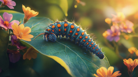 A vibrant caterpillar with blue and orange markings crawls along a green leaf, highlighting the lush surroundings of blooming flowers bathed in warm sunlight.の素材