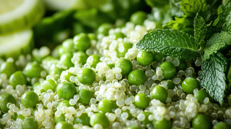 Bright green peas are mixed with fluffy quinoa and fresh herbs to create a nutritious spring salad. This dish is perfect for a light lunch or side, celebrating seasonal ingredients.の素材