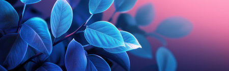 Neon blue leaves emit a gentle glow, creating a serene atmosphere. The soft lighting highlights their unique shapes, evoking a calming and enchanting vibe in the twilight.の素材