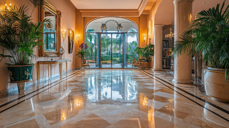 Elegant entryway showcases stunning marble flooring surrounded by exquisite decor and vibrant plants, leading to large glass doors opening to a landscaped garden.の素材