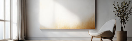 A large abstract canvas showcases soft white tones with muted gold at the bottom, set against a bright and airy room. The space includes a contemporary chair and natural light streaming in.の素材