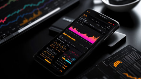 A smartphone displays vibrant investment analytics while placed on a minimalist desk. Surrounding digital screens show stock market data, highlighting market fluctuations in real-time.の素材