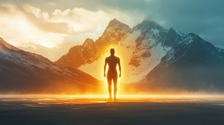 A man stands in a mesmerizing landscape, glowing brightly against majestic mountains. The sun sets in the background, creating a warm and ethereal glow around him.の素材