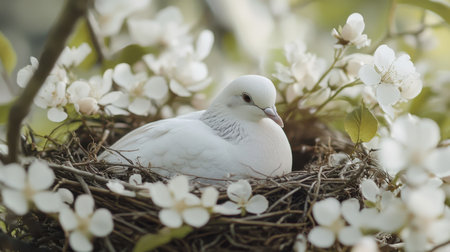 A dove sits contentedly in its nest, nestled among soft twigs and white blossoms. The scene captures a tranquil moment in nature, showcasing the dove's calm demeanor.の素材