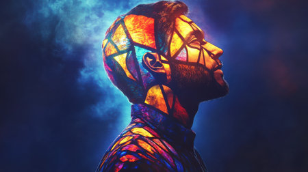 A man's profile is showcased against a captivating, colorful background that transforms his features into an artistic display, radiating creativity and depth.の素材