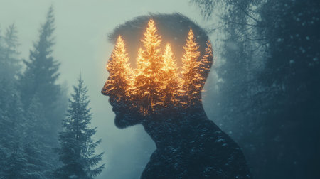 A man's silhouette appears immersed in a mystical forest, where vibrant trees blend into his profile. The scene suggests introspection and harmony with nature at dusk.の素材