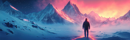 A man stands alone on a snow-covered path, glowing softly as he gazes at towering mountains illuminated by a vivid twilight sky. The atmosphere is serene and enchanting.の素材