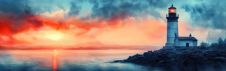 A lighthouse towers on a rocky shore as the sun sets, casting warm hues of orange and red across the sky. Calm waters reflect the breathtaking colors of the twilight.の素材