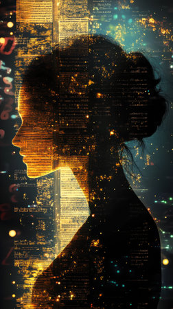 A luminous silhouette of a woman stands in profile, radiating with an ethereal glow. The background pulses with abstract patterns and shimmering lights, creating a dreamlike atmosphere.の素材