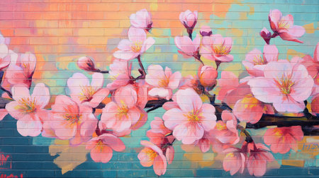 A stunning mural brings life to a city wall, depicting delicate cherry blossoms in full bloom against a bright and colorful backdrop, enhancing the urban landscape with natural beauty.の素材