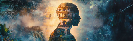 A man radiating light stands amidst lush greenery. His silhouette merges with an ethereal ancient structure, evoking a sense of spiritual connection and mysticism in nature.の素材