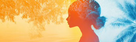 A child's profile is vividly outlined against a beautiful sunset, featuring a blend of nature elements. Palm trees and rich colors create a mesmerizing interplay of light and shadows.の素材