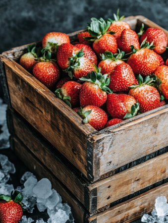 Close-up view of a rustic wooden crate brimming with fresh strawberries, resting on a bed of ice against a dark, textured background.の素材