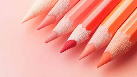 Elegant pastel pencil strokes are arranged in a gradient, transitioning from light pink to deeper red shades against a soft background. The setup highlights artistic potential.の素材