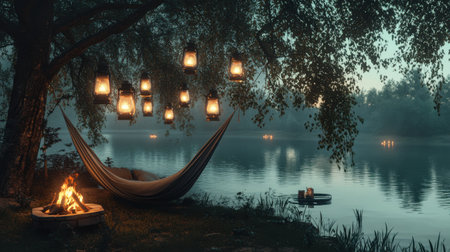 A peaceful riverside camping area features a hammock hung between trees, glowing lanterns illuminating the surroundings, and a warm fire crackling near the water.の素材