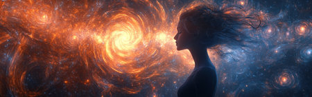 A woman stands silhouetted against a swirling backdrop of cosmic colors, her form glowing with an otherworldly light. The scene evokes a sense of mystery and wonder.の素材
