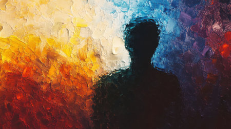 A man stands out as a glowing silhouette, surrounded by a vivid abstract backdrop. The warm hues of orange and yellow blend with cool shades of blue, creating a mesmerizing visual at dusk.の素材