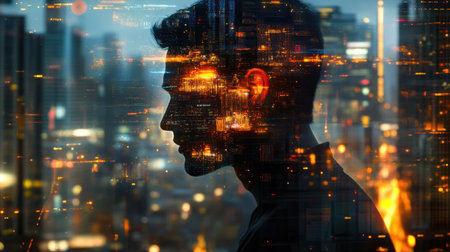 A man stands silhouetted against a bustling city skyline at dusk, glowing with surreal light. The vibrant colors and reflections of urban life create a mesmerizing contrast, emphasizing his presence.の素材