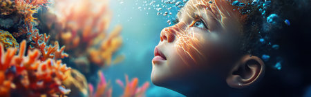 A child gazes in wonder while submerged in water, surrounded by mesmerizing coral formations and bubbles. The vibrant colors and sparkling light enhance the enchanting atmosphere.の素材