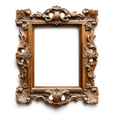 This decorative wooden picture frame showcases intricate floral carvings and a warm finish.の素材