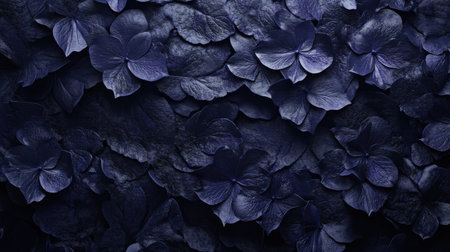 Deep blue hydrangea petals create a textured backdrop filled with shadowy layers, evoking a dark and moody atmosphere perfect for artistic designs.の素材