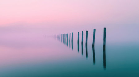 Faint pastel hues blend in a beautiful gradient as wooden posts rise from tranquil waters. The soft light of dawn creates a mystical atmosphere enveloped in gentle mist.の素材