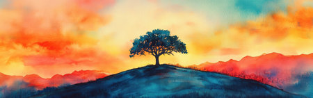 A vibrant sunset casts a warm glow over a distant landscape, highlighting a solitary tree atop a hill surrounded by rolling mountains. The colors blend beautifully in this serene setting.の素材