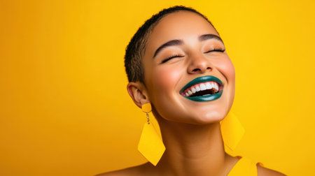 A joyful woman showcases a radiant smile, her green lipstick and bright yellow earrings adding to the lively ambiance created by the contrasting background.の素材