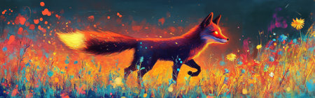 A fox with glowing walk features gracefully through a meadow full of colorful flowers at twilight. Bright hues of orange and blue create a magical atmosphere.の素材