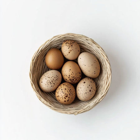 A woven basket holds several fresh brown eggs, featuring varying shades and speckles. This delightful arrangement adds a rustic touch to any kitchen decor.の素材