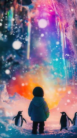 A child stands in awe, glowing softly amid colorful ice formations. Playful penguins gather nearby, creating a magical winter scene filled with bright hues.の素材