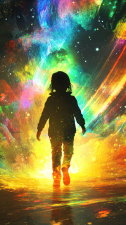 A child stands silhouetted against a radiant glow, illuminated by swirling colors resembling cosmic patterns. This enchanting moment captures a sense of wonder and imagination.の素材