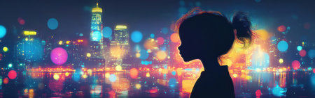 A child's silhouette stands in profile, gazing at a dazzling city skyline illuminated by colorful bokeh lights. The night sky creates a magical backdrop of urban life.の素材