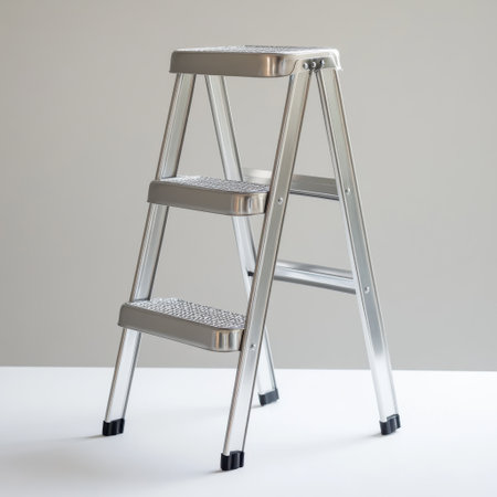 This sturdy metal step ladder features non-slip steps and rubber feet, suitable for reaching high places during home maintenance or decorating tasks.の素材