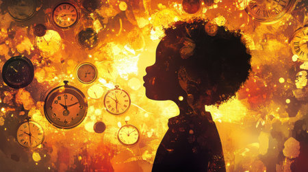 A child stands in profile, glowing with light. Surrounding them are various clocks glowing against a warm, vibrant background, creating an abstract atmosphere at twilight.の素材