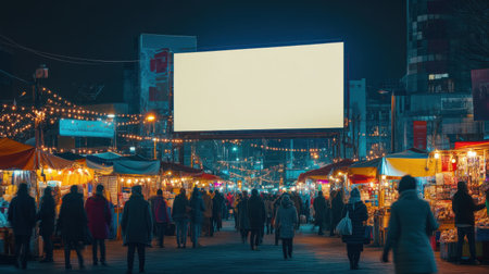 Crowds fill a lively plaza at night, surrounded by colorful market stalls and illuminated by festive lights. An empty billboard stands prominently among the activity.の素材