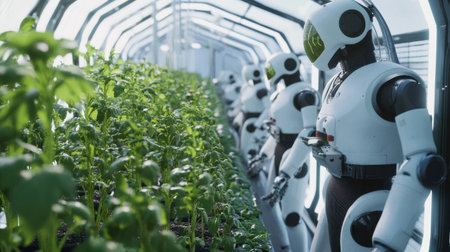 Robots meticulously tend to rows of lush green plants in a futuristic greenhouse, showing advanced agricultural technology and automation in a sustainable setting.の素材