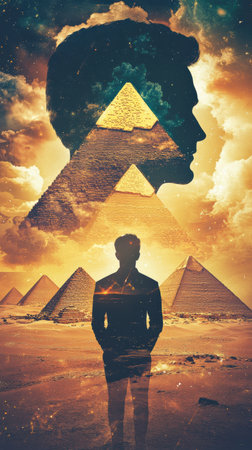 A man's silhouette stands before the majestic pyramids, as vibrant colors of sunset illuminate the sky, merging with the ancient structures. The scene evokes a sense of mystery and wonder.の素材
